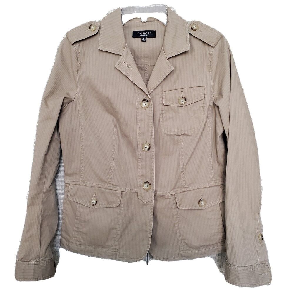 Talbots Tan 3 Pocket 3 Button Cotton Blend Long Sleeve Utility Jacket Size 8